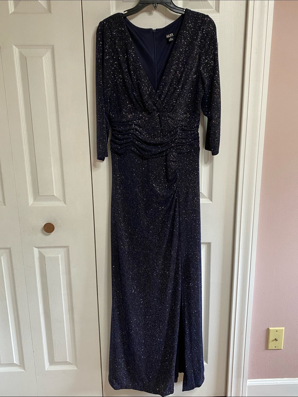 SL Fashions Navy Glitter 3/4-Sleeve Evening Gown